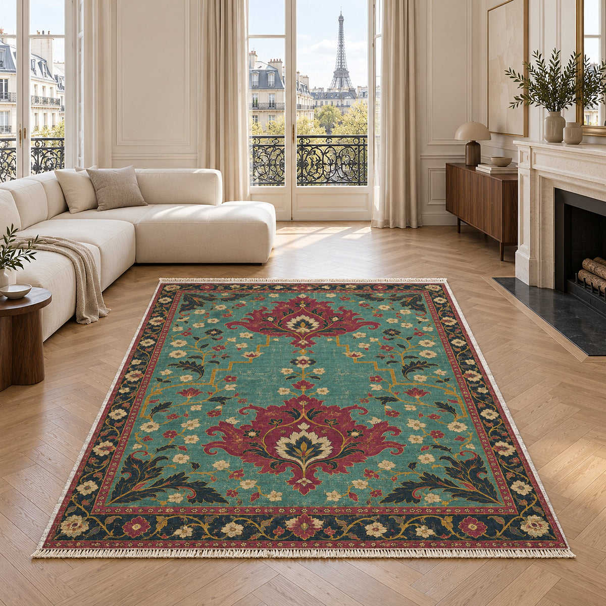 Offset Palmette Gates Lagoon & Berry washable rug in a living room with an Eiffel Tower view