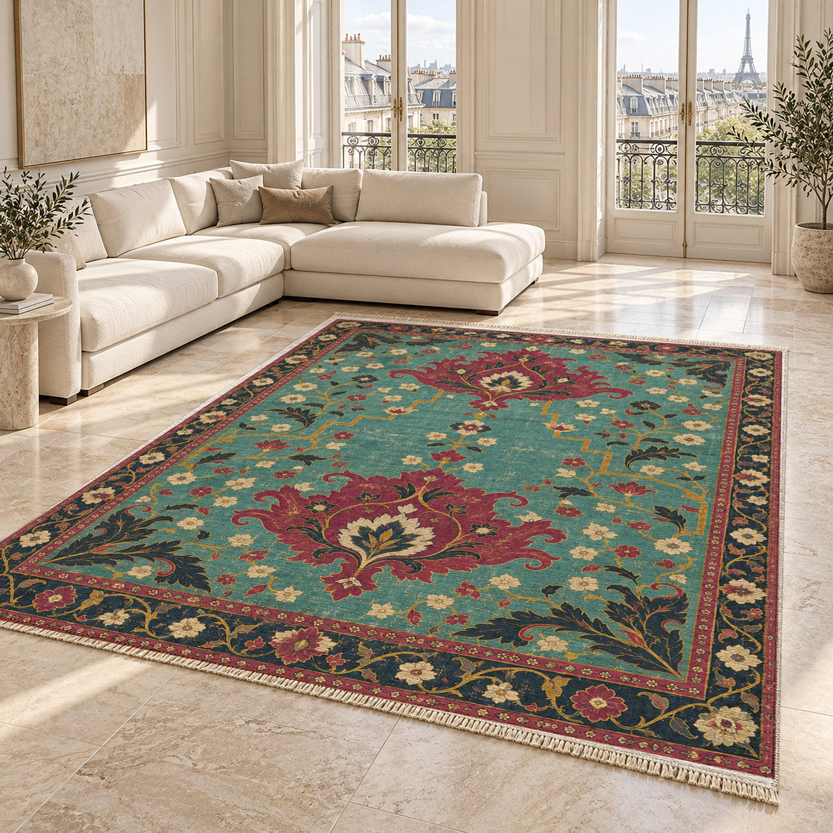 Offset Palmette Gates Lagoon & Berry washable rug angled room view on marble