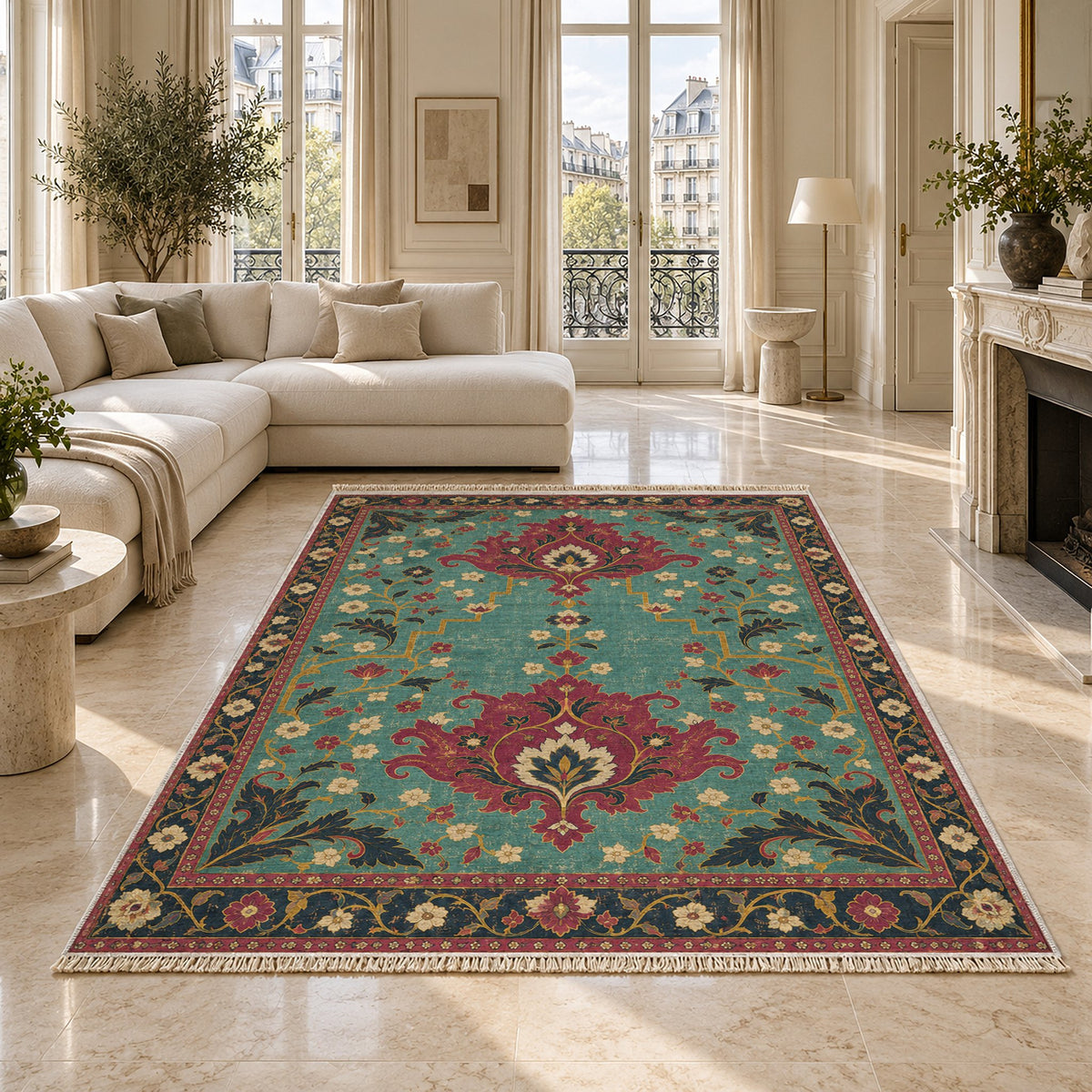 Offset Palmette Gates Lagoon & Berry washable rug on a marble floor