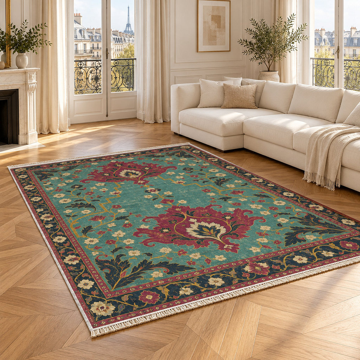 Offset Palmette Gates Lagoon & Berry washable rug angled room view