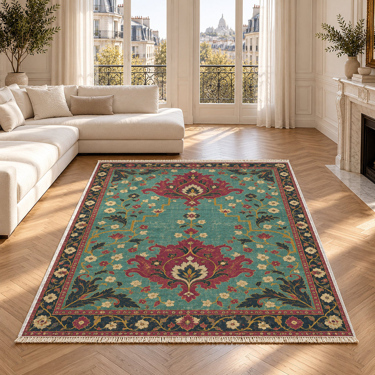 Offset Palmette Gates Lagoon & Berry washable rug in a Paris living room