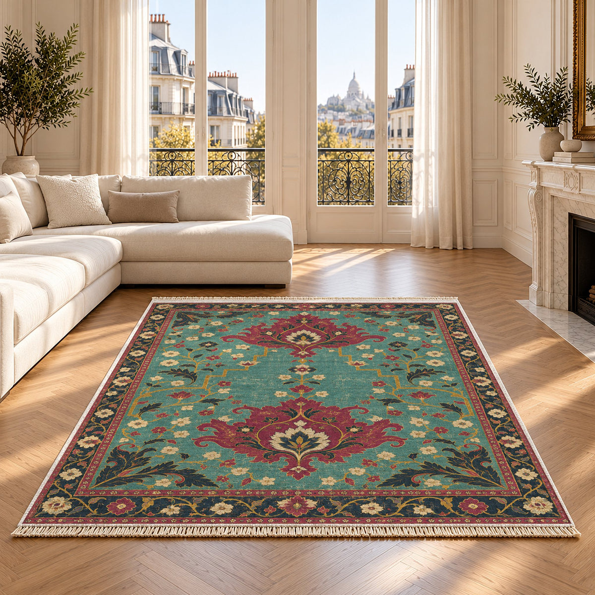 Offset Palmette Gates Lagoon & Berry washable rug on an oak floor
