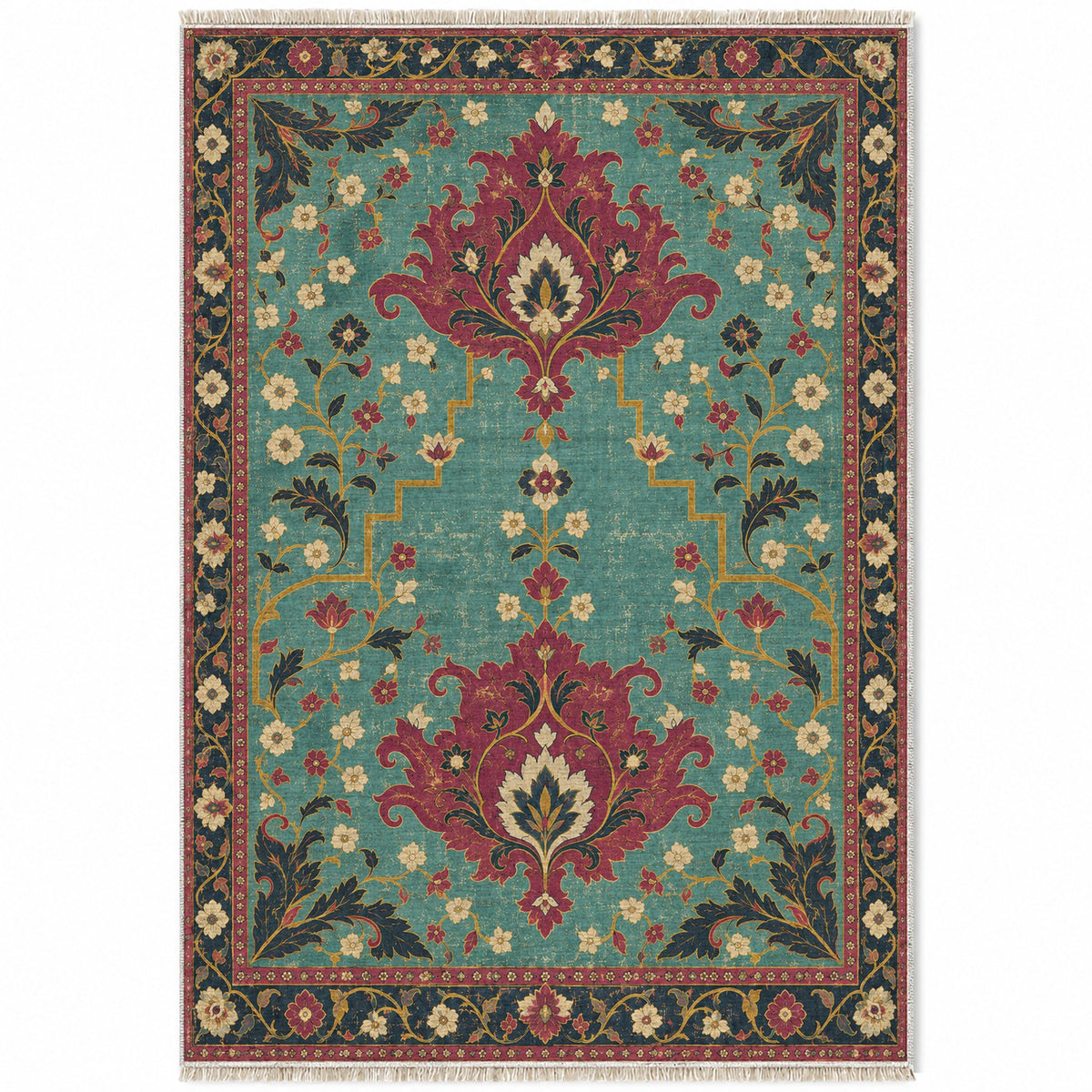 Offset Palmette Gates Lagoon & Berry washable rug top view