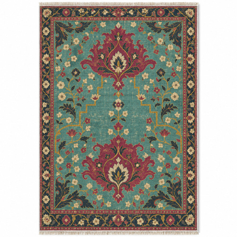 Offset Palmette Gates Lagoon & Berry Distressed Washable Rug