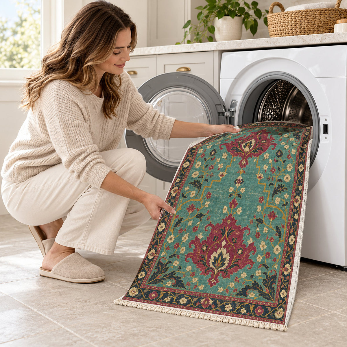 Offset Palmette Gates Lagoon & Berry washable rug being loaded into a washing machine
