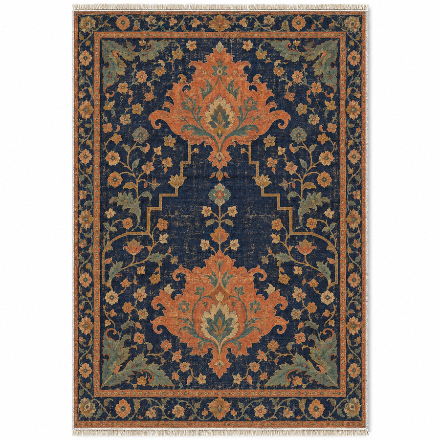 Offset Palmette Gates Midnight & Melon Distressed Washable Rug