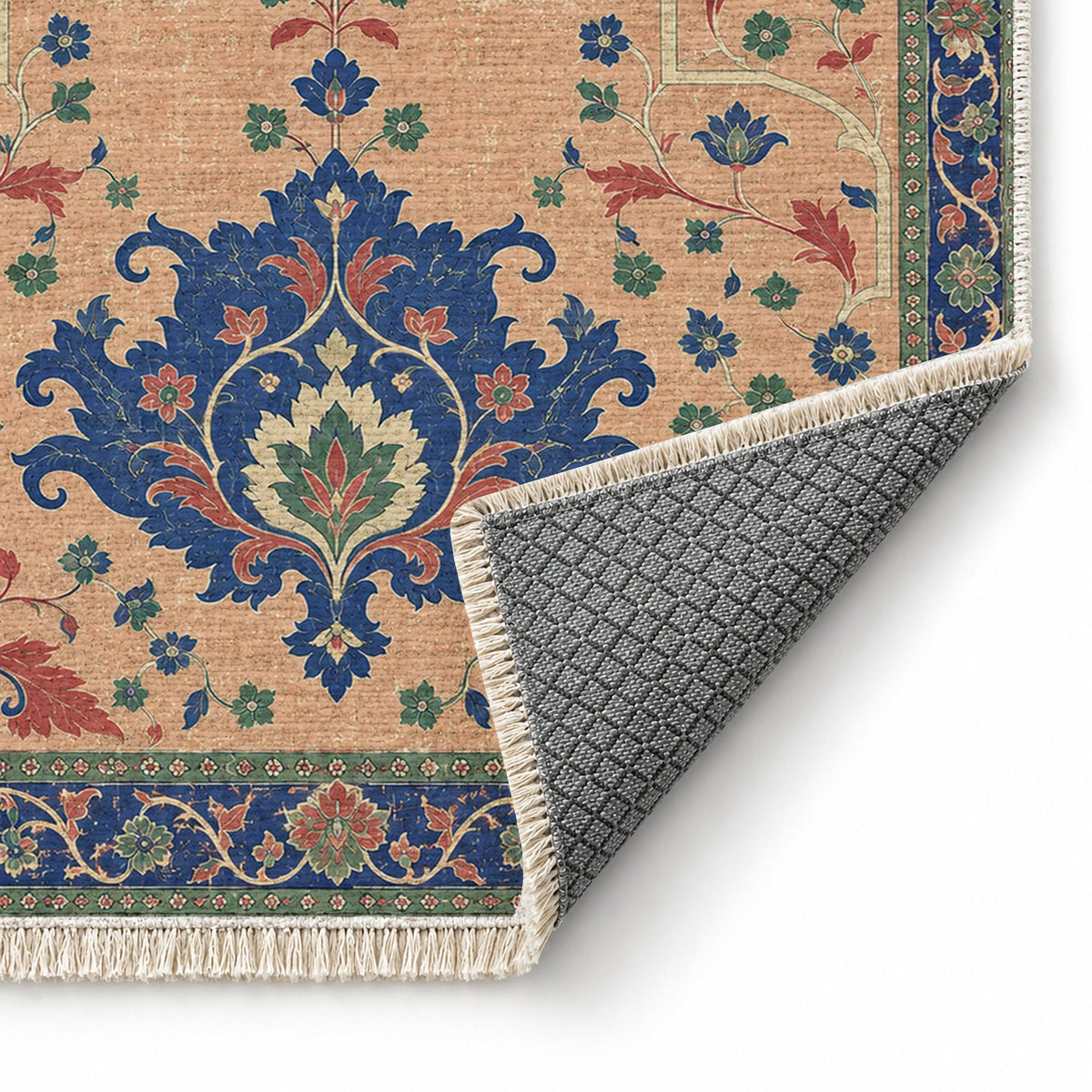 Offset Palmette Gates Peach, Cobalt & Jade washable rug folded corner showing the backing