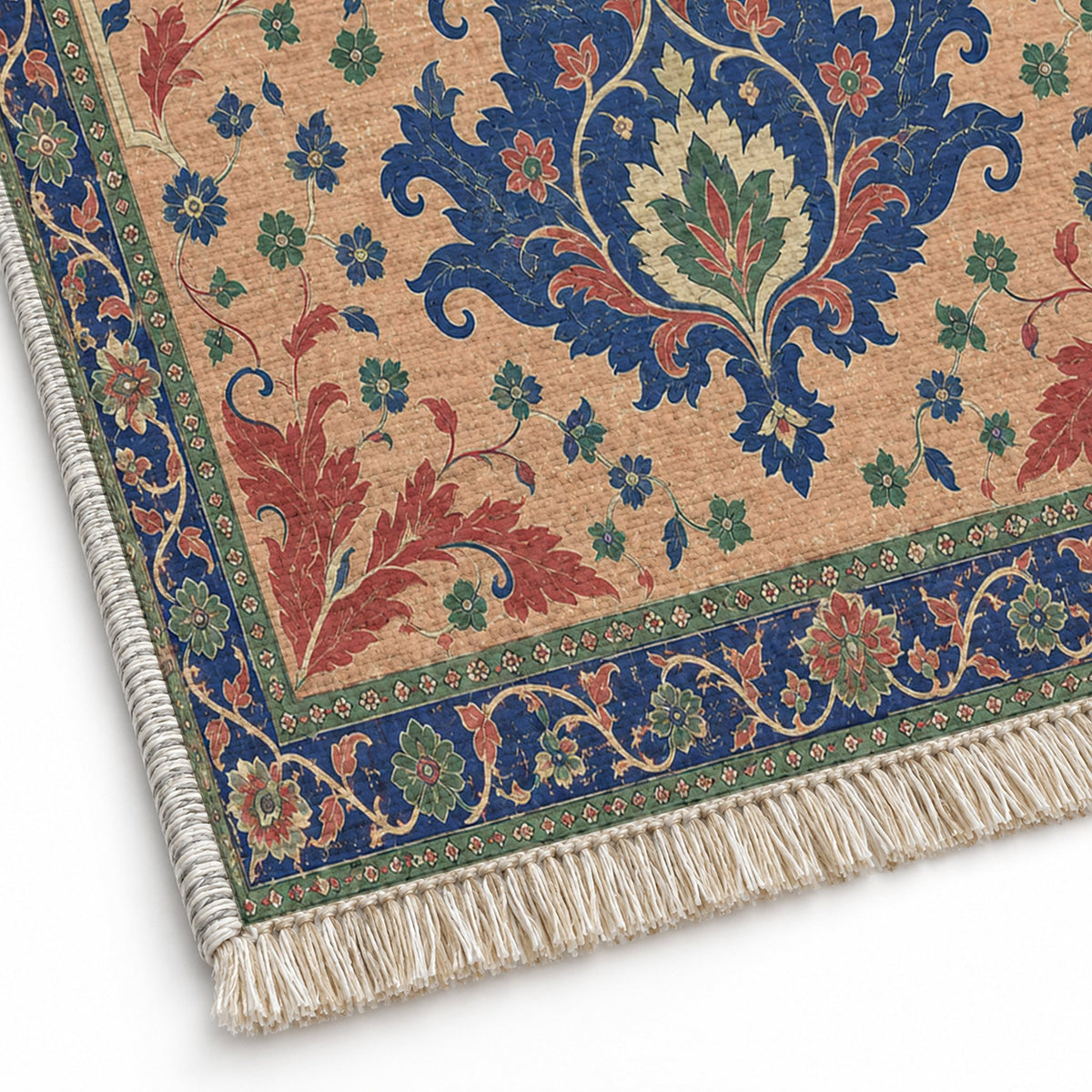 Offset Palmette Gates Peach, Cobalt & Jade washable rug close-up of the printed chenille