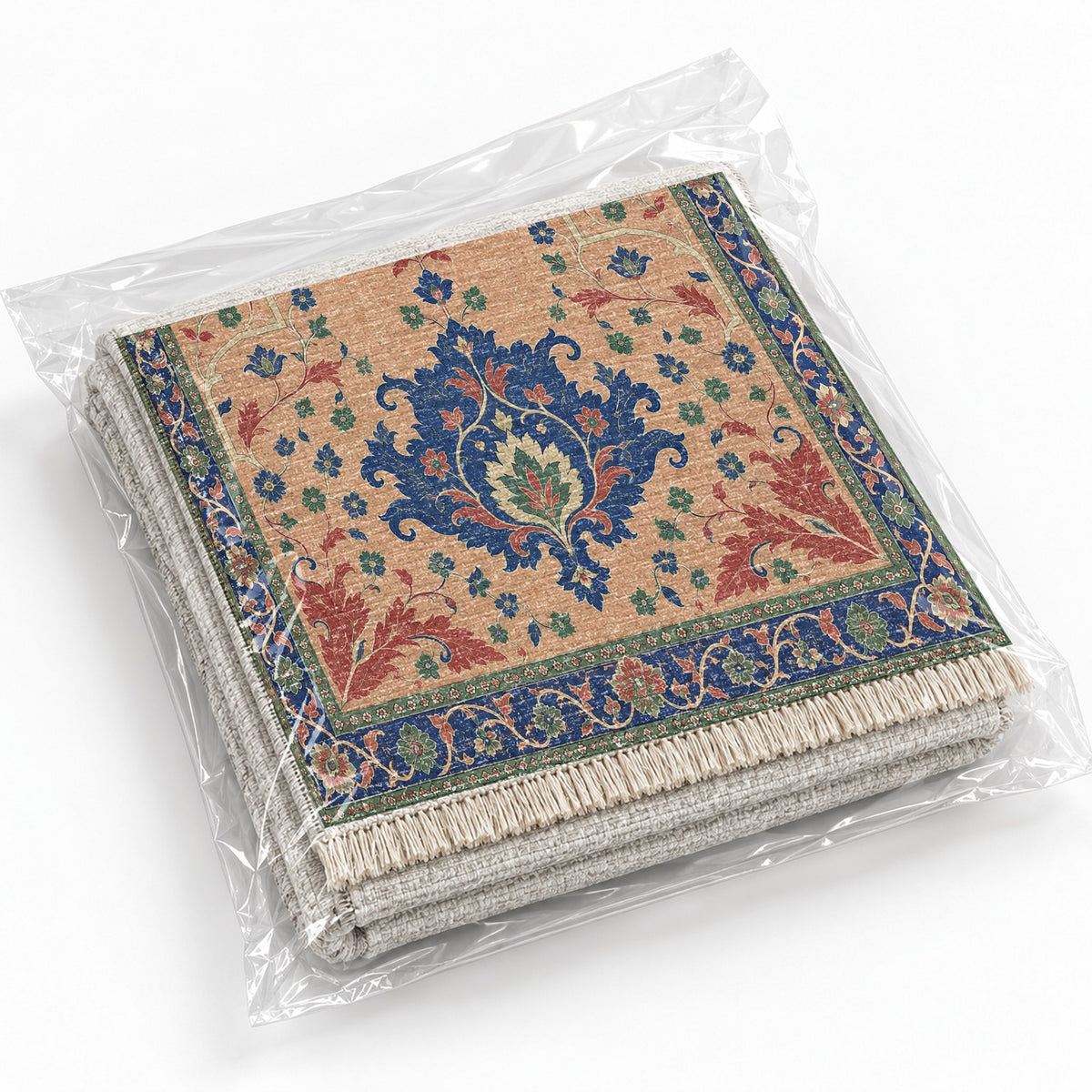 Offset Palmette Gates Peach, Cobalt & Jade washable rug rolled and packaged