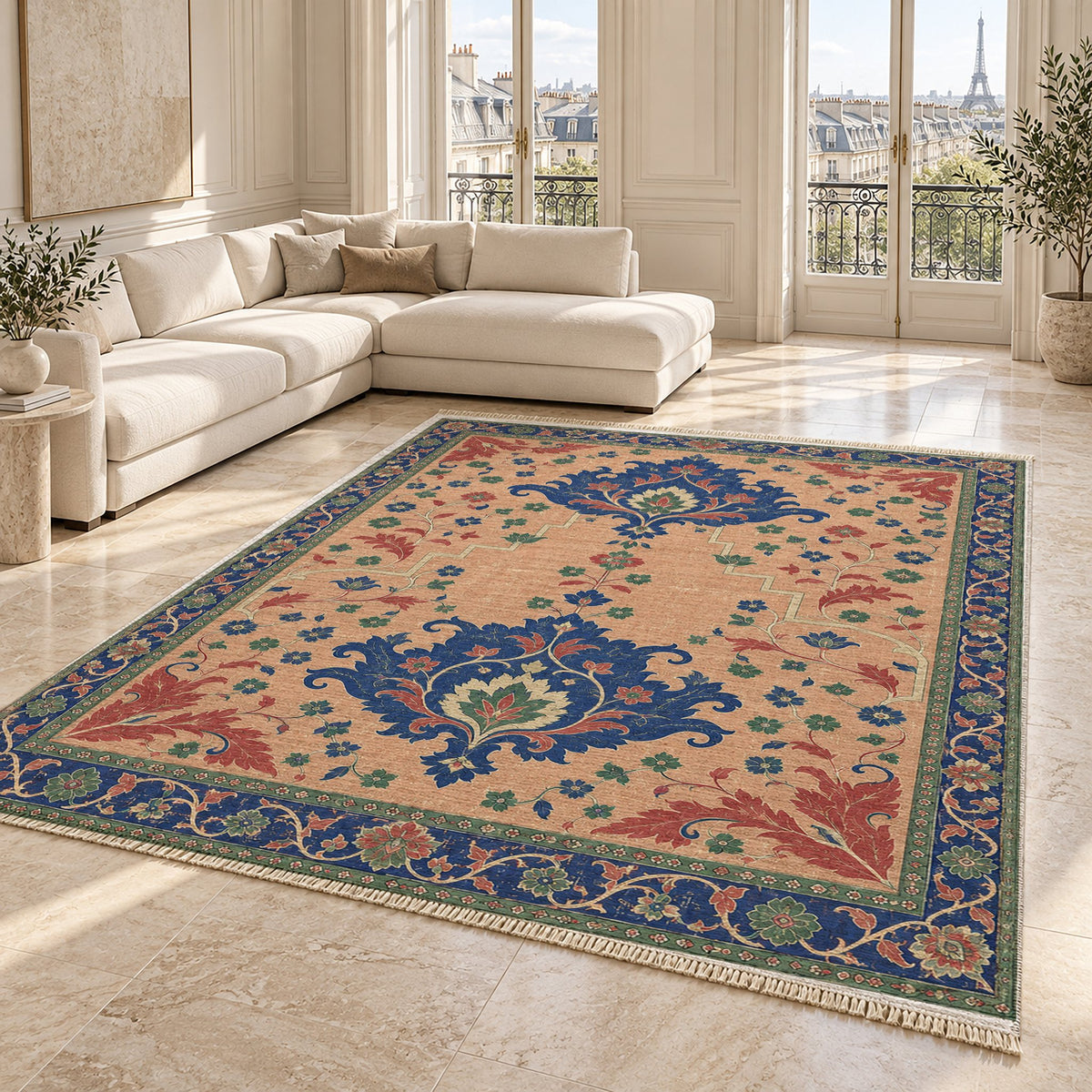 Offset Palmette Gates Peach, Cobalt & Jade washable rug angled room view on marble