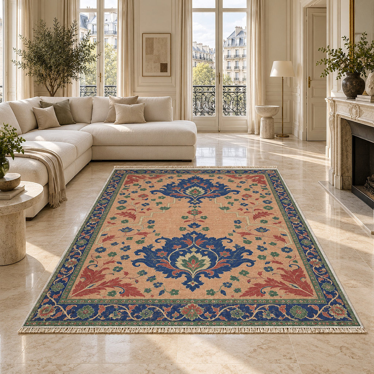 Offset Palmette Gates Peach, Cobalt & Jade washable rug on a marble floor
