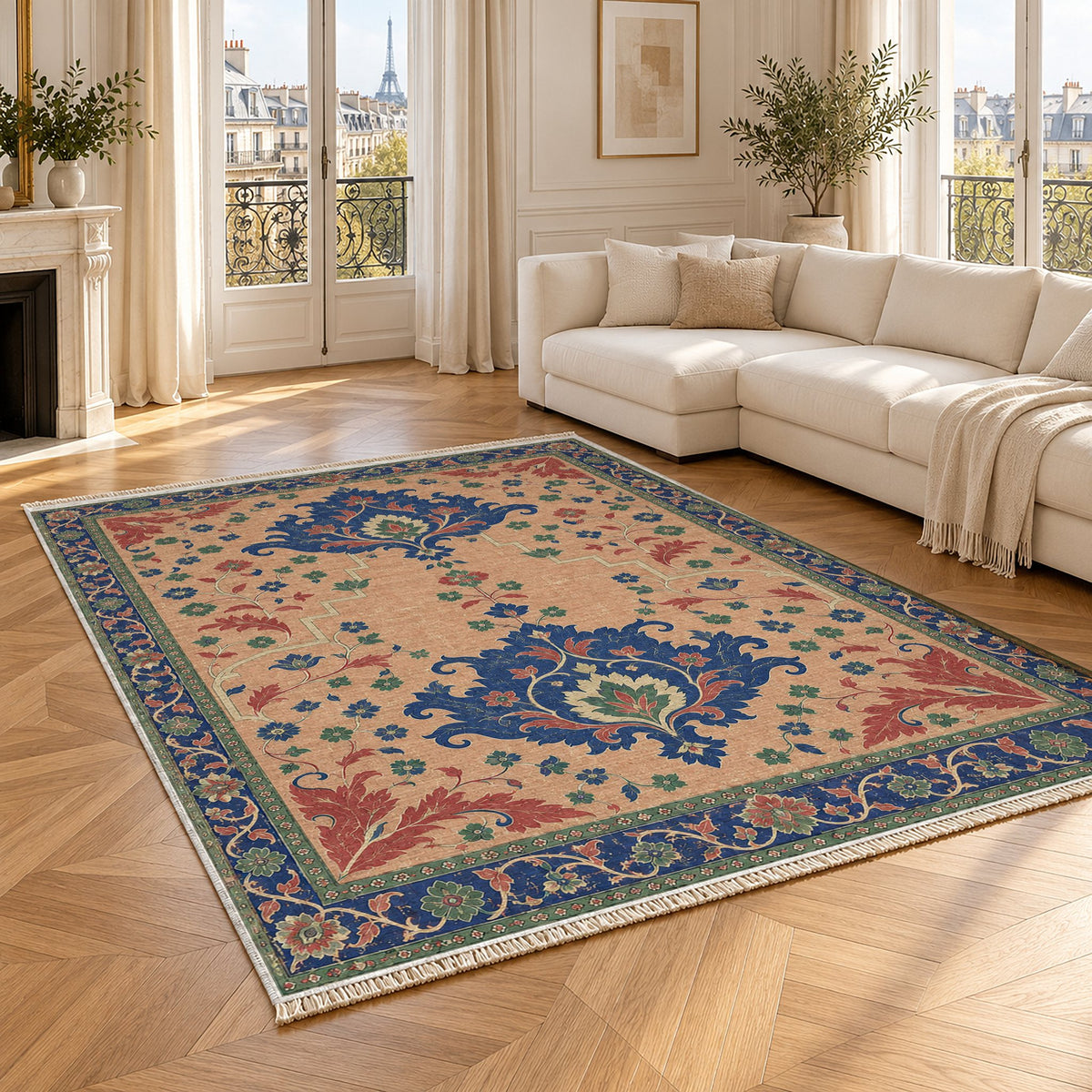Offset Palmette Gates Peach, Cobalt & Jade washable rug angled room view