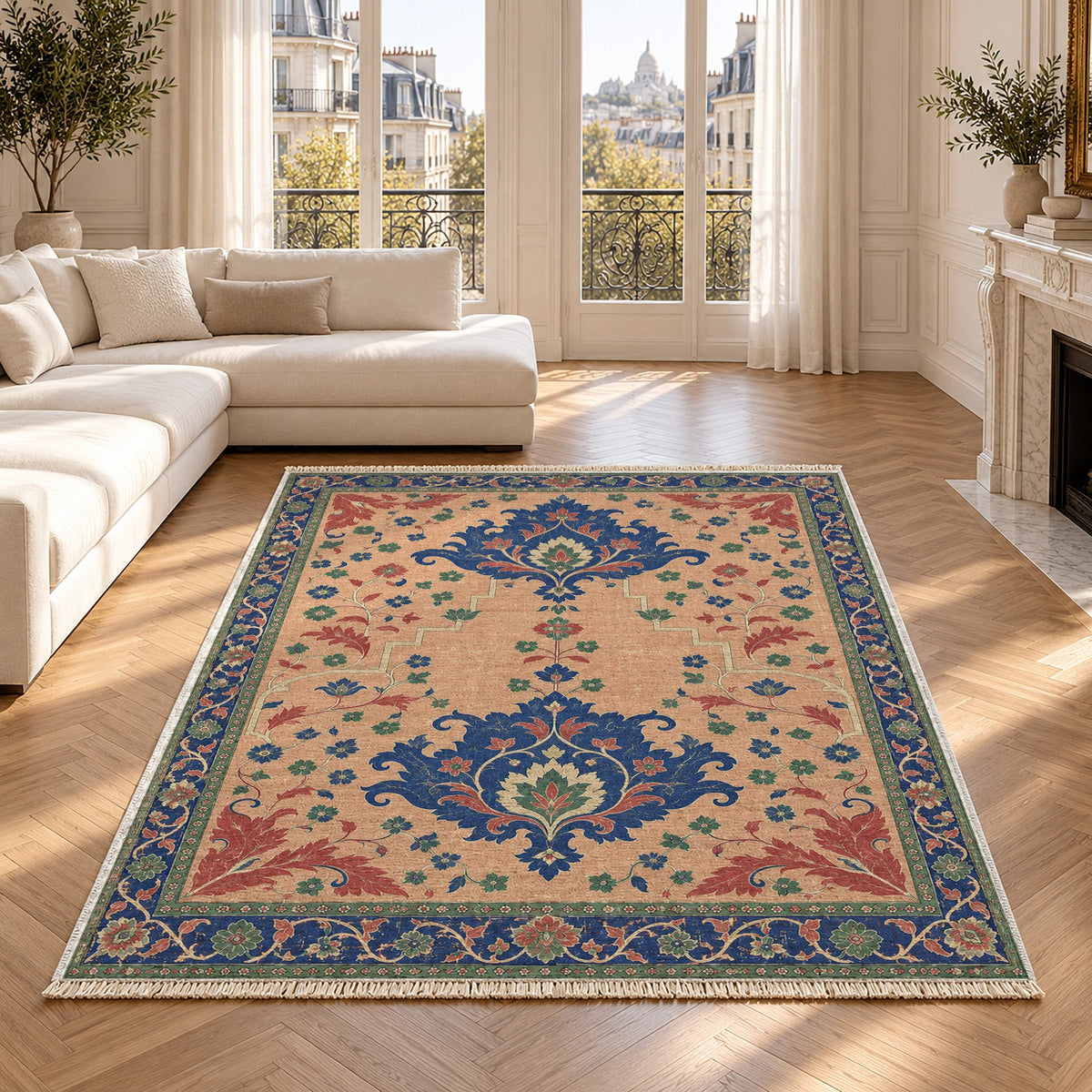 Offset Palmette Gates Peach, Cobalt & Jade washable rug in a Paris living room