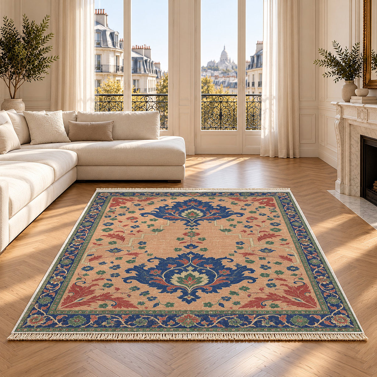 Offset Palmette Gates Peach, Cobalt & Jade washable rug on an oak floor