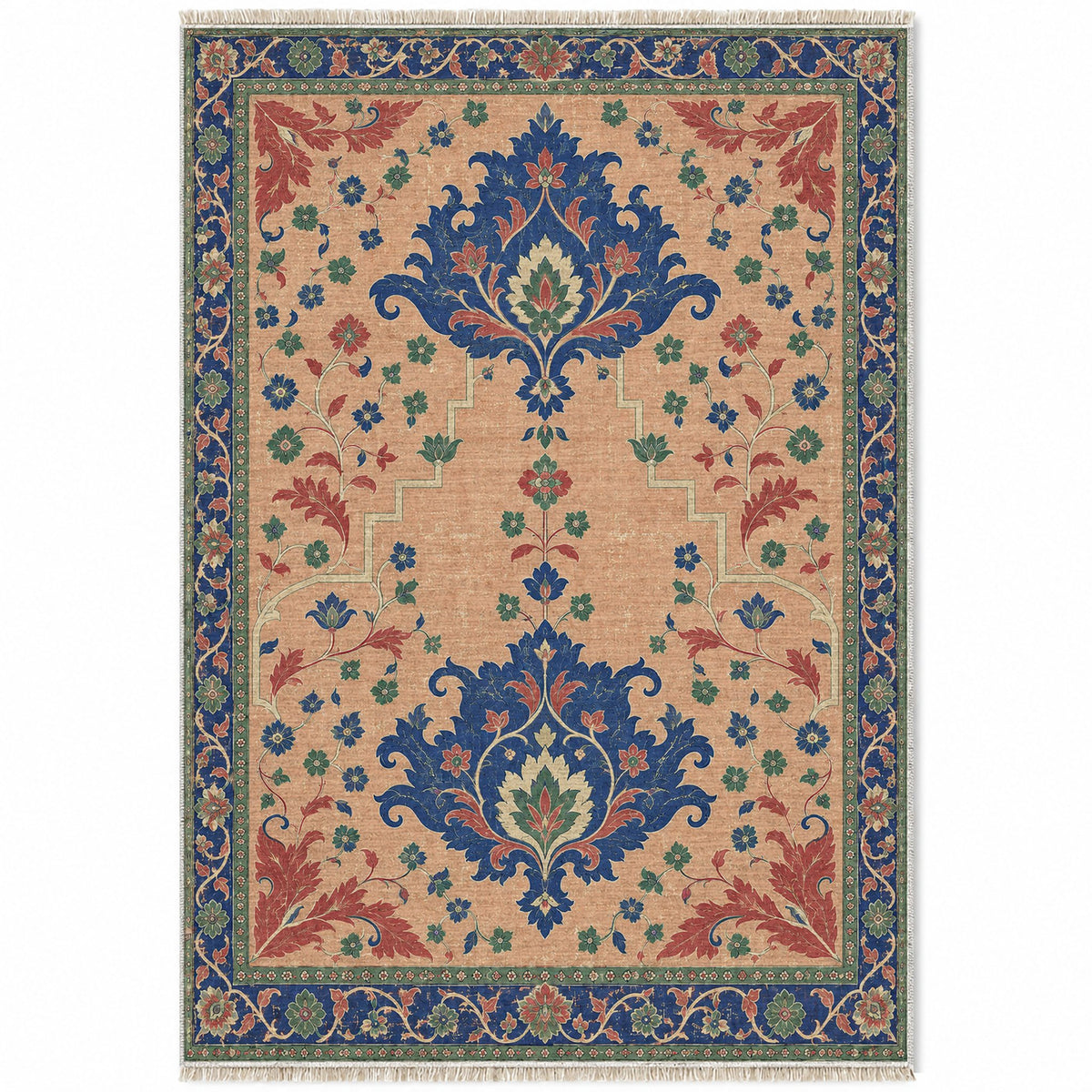 Offset Palmette Gates Peach, Cobalt & Jade washable rug top view