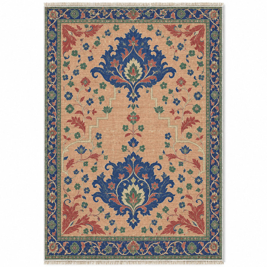 Offset Palmette Gates Peach, Cobalt & Jade Distressed Washable Rug