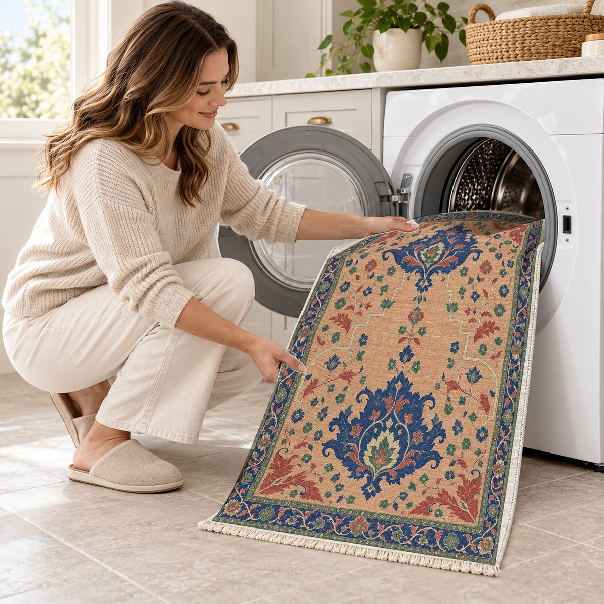 Offset Palmette Gates Peach, Cobalt & Jade washable rug being loaded into a washing machine