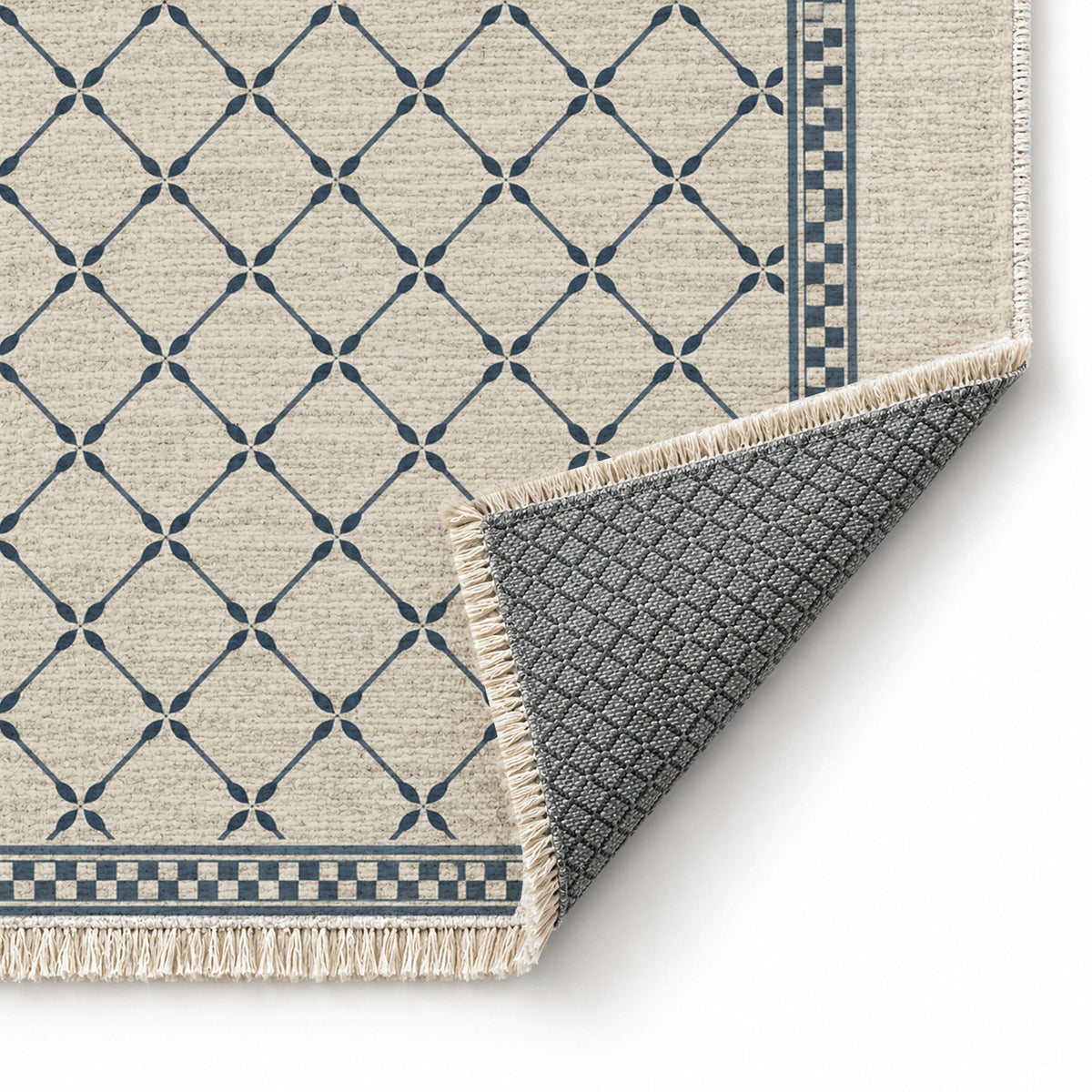 Olive Courtyard Ivory & Denim washable rug folded corner showing the backing