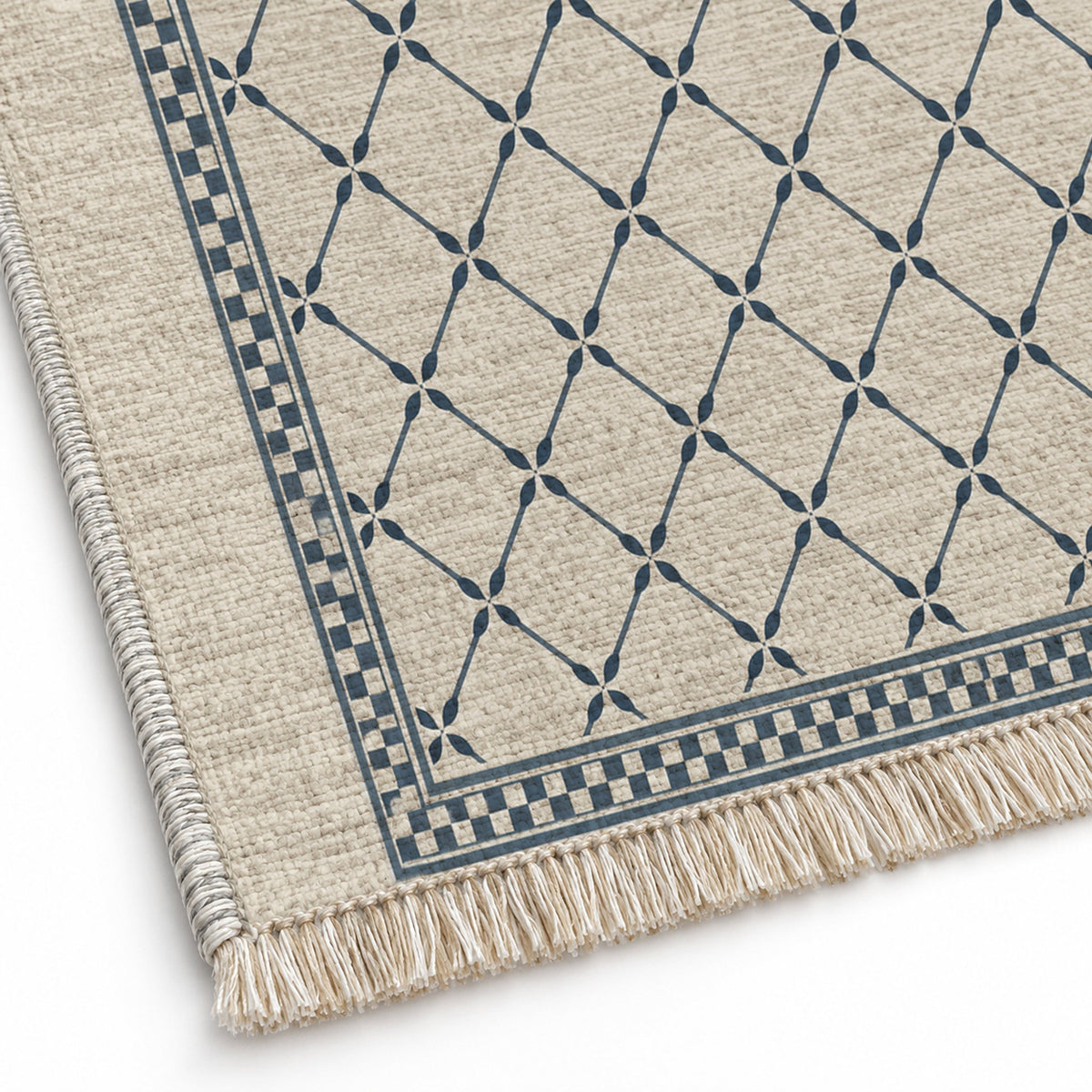 Olive Courtyard Ivory & Denim washable rug close-up of the printed chenille
