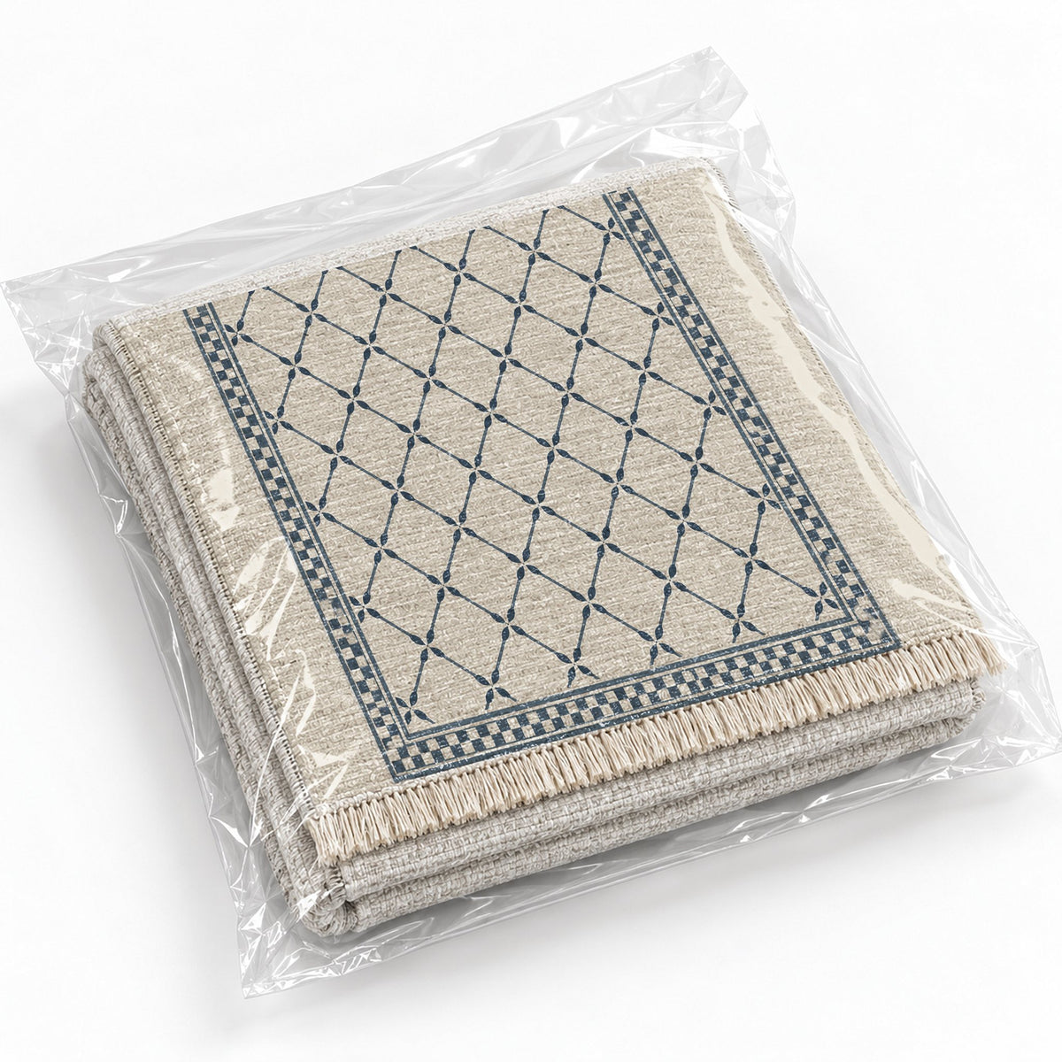 Olive Courtyard Ivory & Denim washable rug rolled and packaged