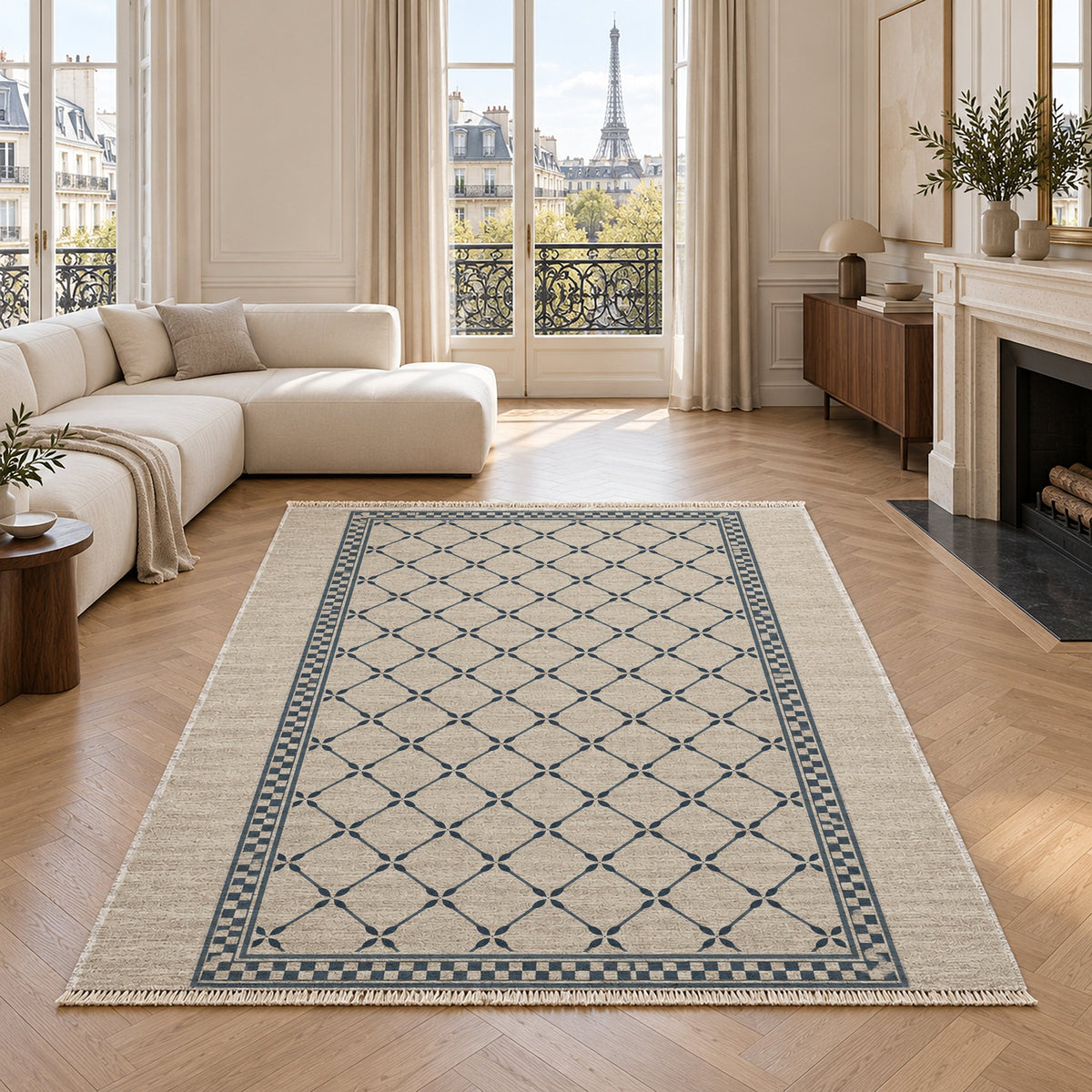 Olive Courtyard Ivory & Denim washable rug in a living room with an Eiffel Tower view
