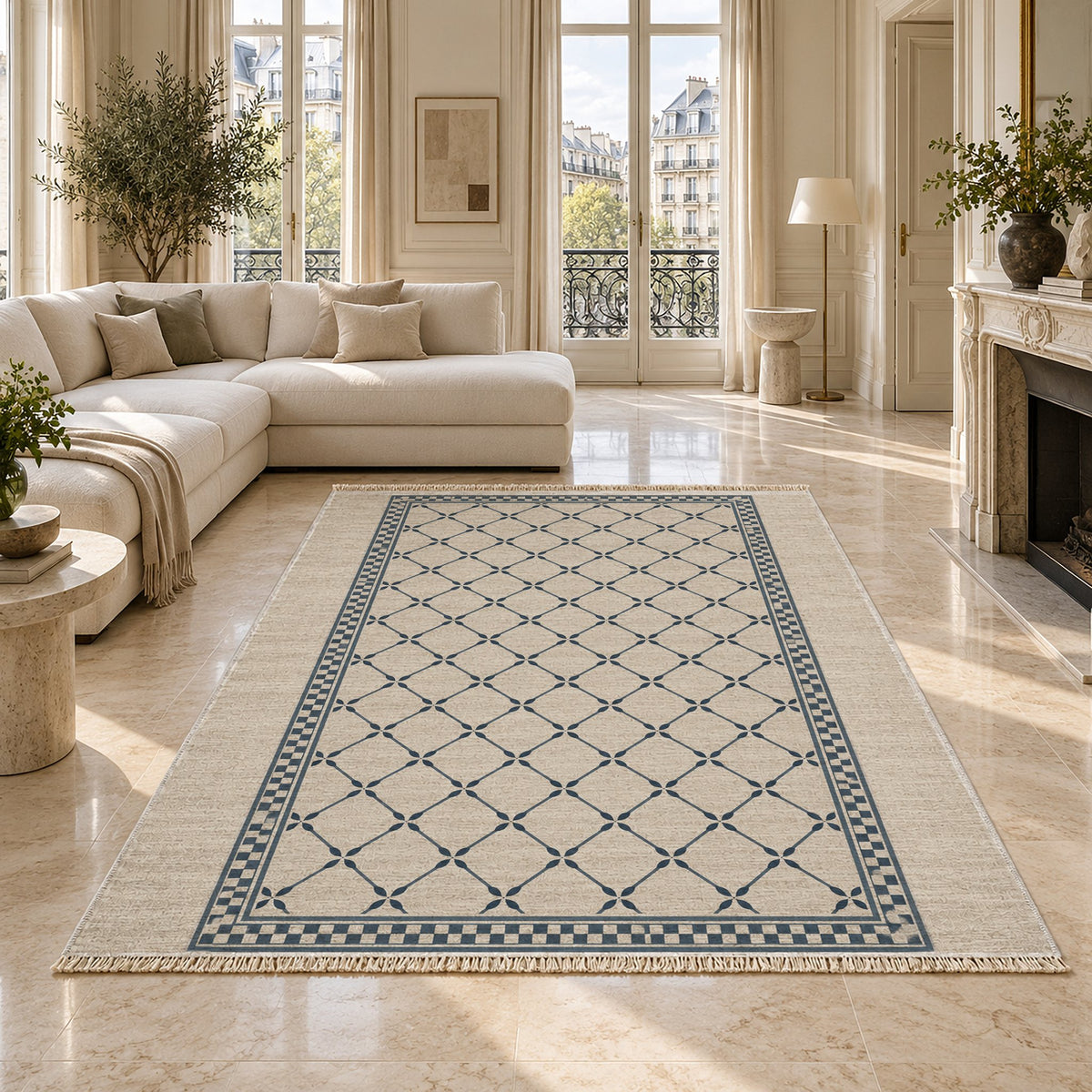 Olive Courtyard Ivory & Denim washable rug on a marble floor