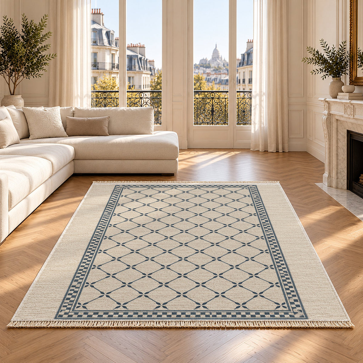 Olive Courtyard Ivory & Denim washable rug on an oak floor