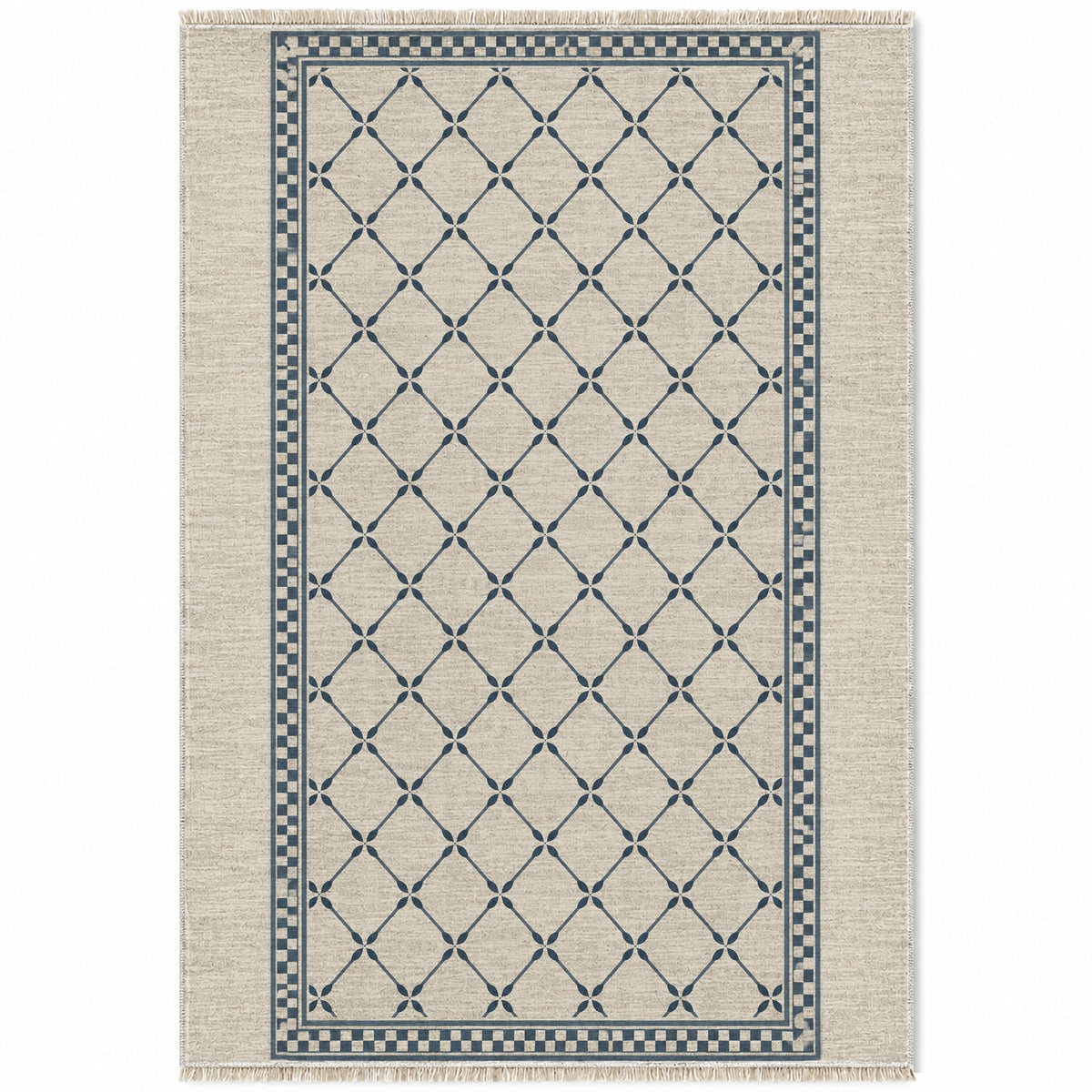 Olive Courtyard Ivory & Denim washable rug top view