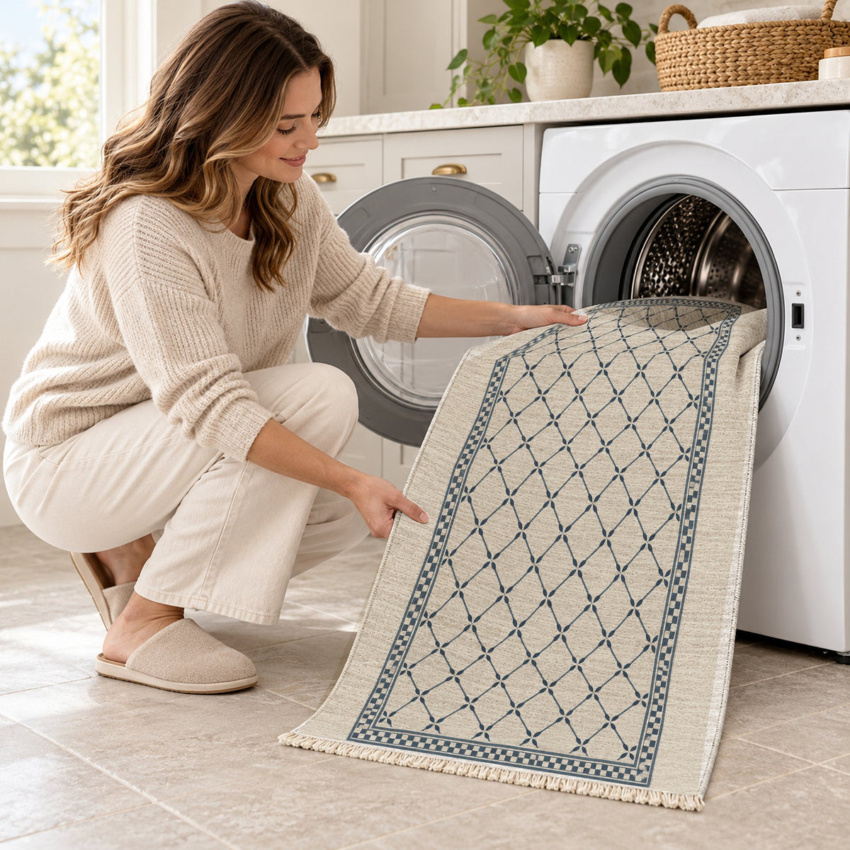 Olive Courtyard Ivory & Denim washable rug being loaded into a washing machine