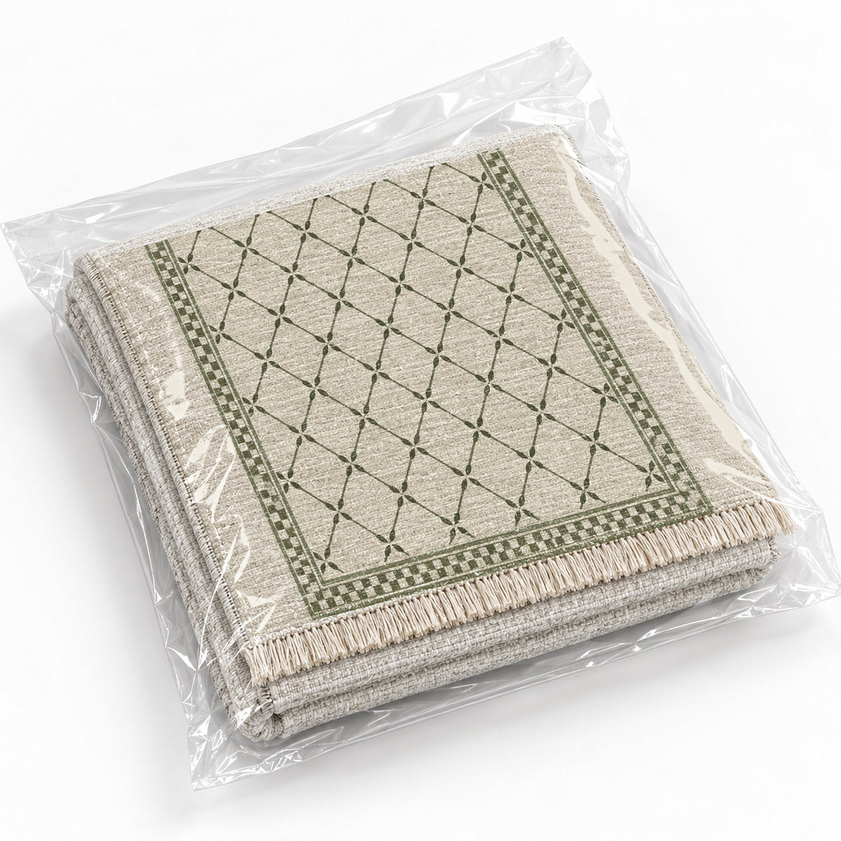 Olive Courtyard Ivory & Olive washable rug rolled and packaged