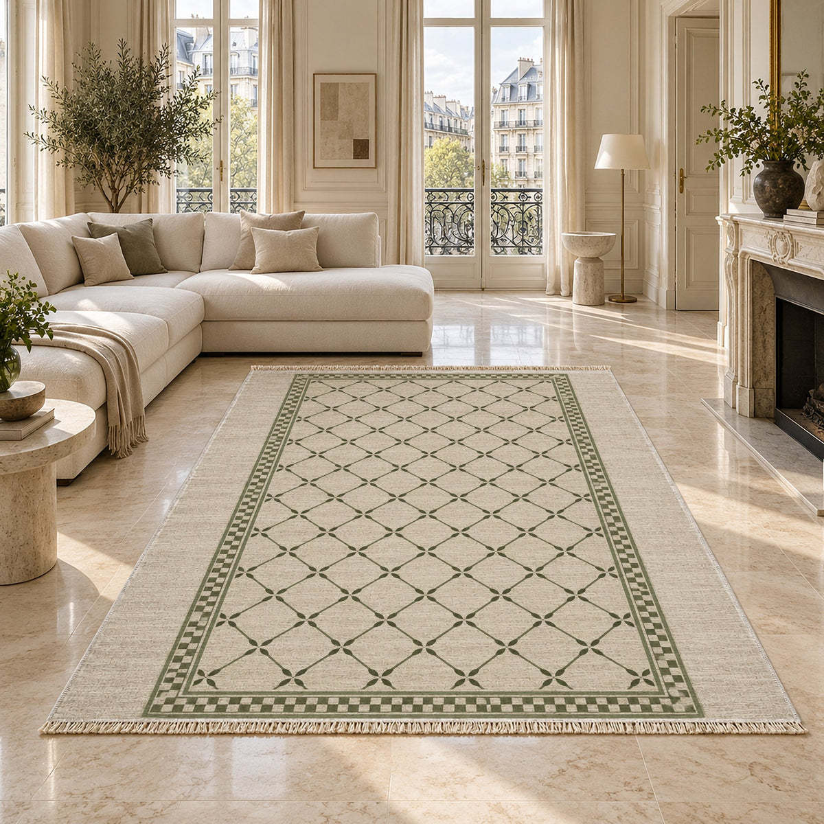 Olive Courtyard Ivory & Olive washable rug on a marble floor