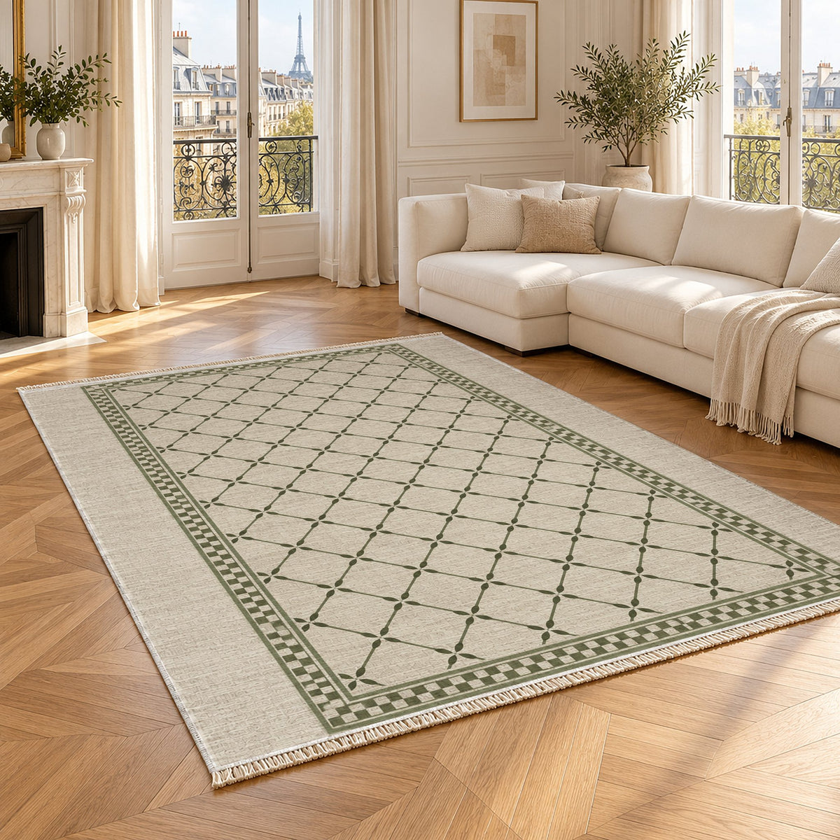 Olive Courtyard Ivory & Olive washable rug angled room view