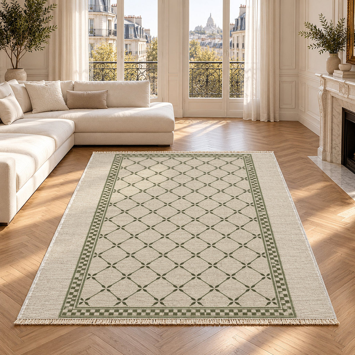 Olive Courtyard Ivory & Olive washable rug in a Paris living room