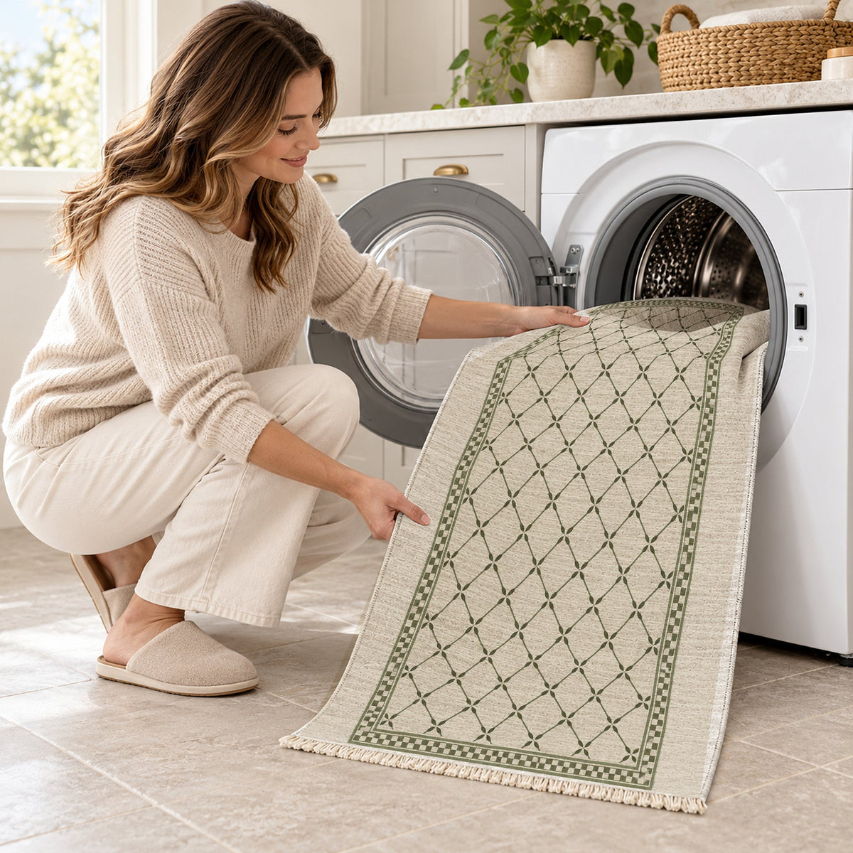 Olive Courtyard Ivory & Olive washable rug being loaded into a washing machine