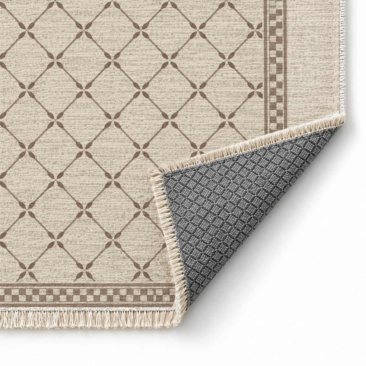 Olive Courtyard Ivory & Taupe washable rug folded corner showing the backing