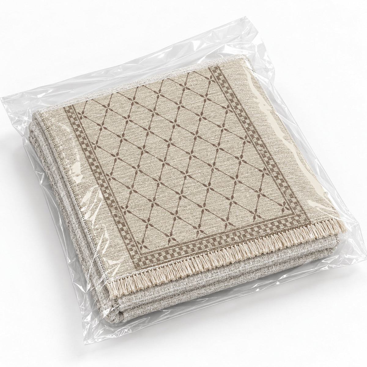 Olive Courtyard Ivory & Taupe washable rug rolled and packaged