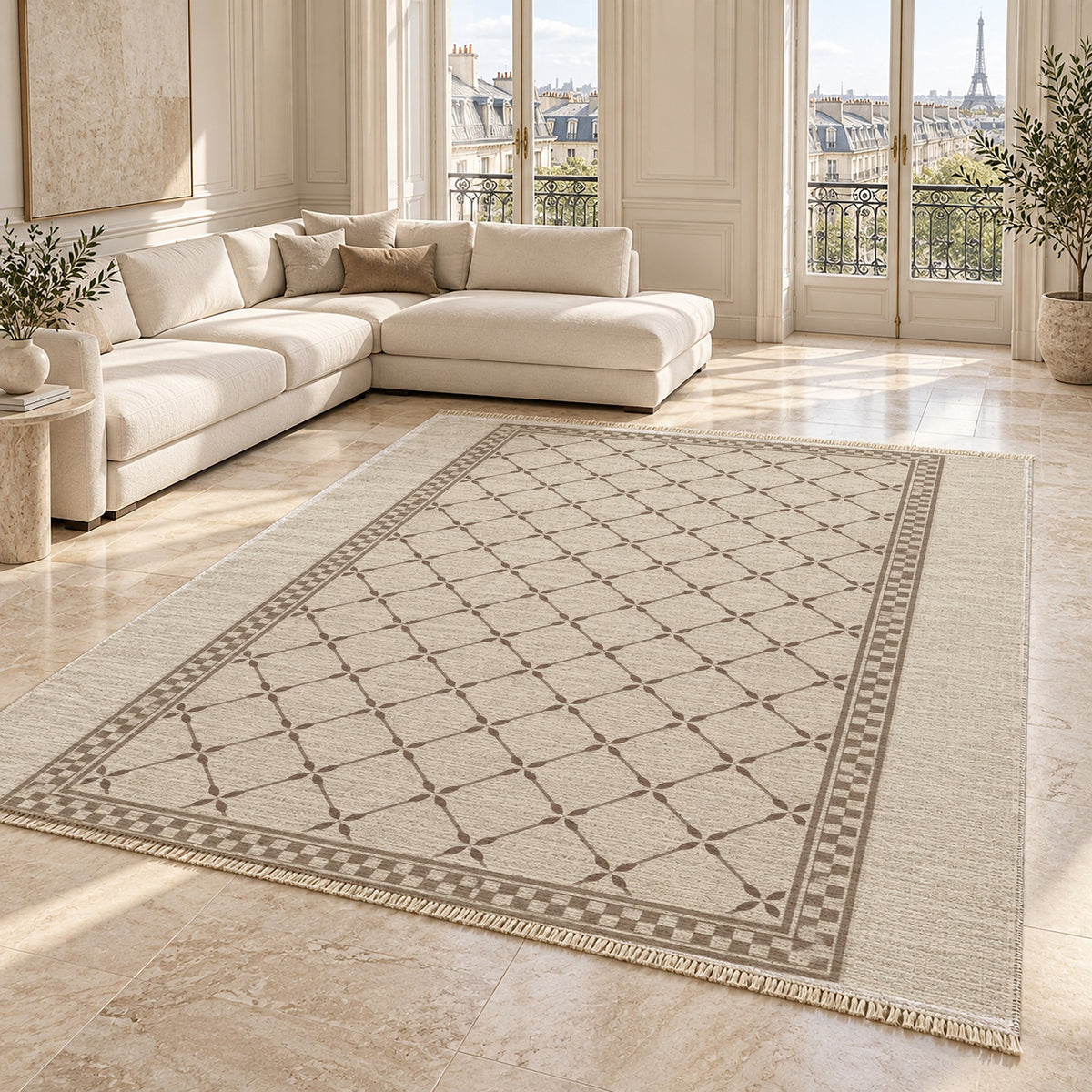 Olive Courtyard Ivory & Taupe washable rug angled room view on marble