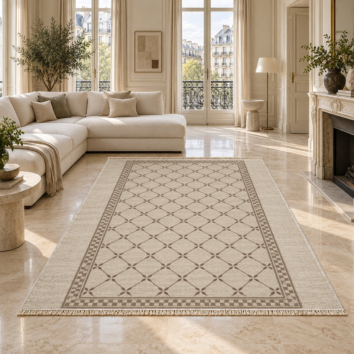 Olive Courtyard Ivory & Taupe washable rug on a marble floor
