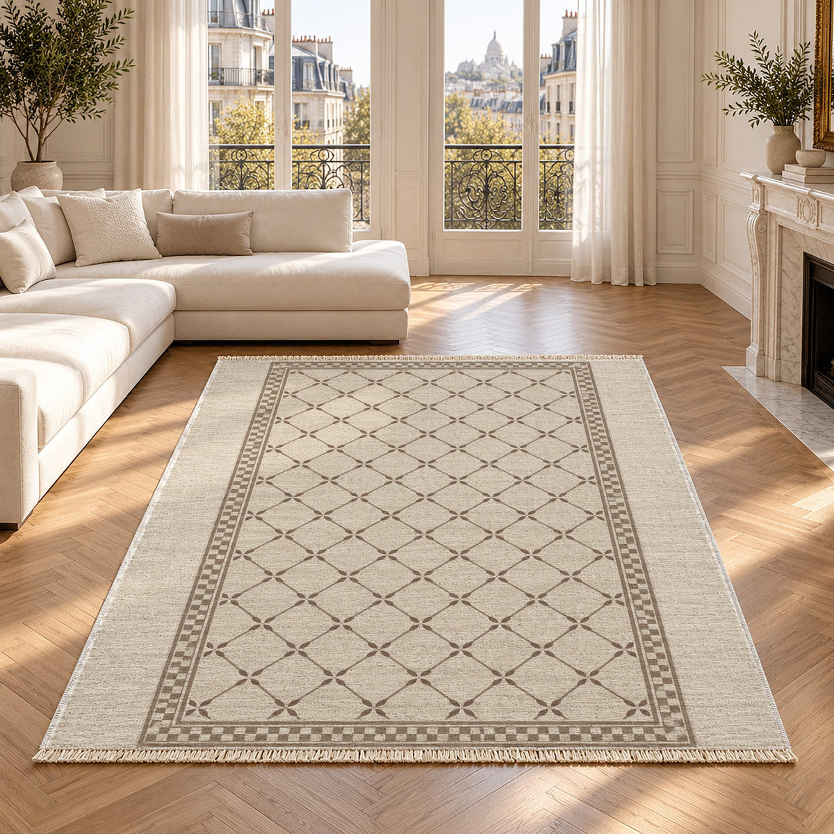Olive Courtyard Ivory & Taupe washable rug in a Paris living room