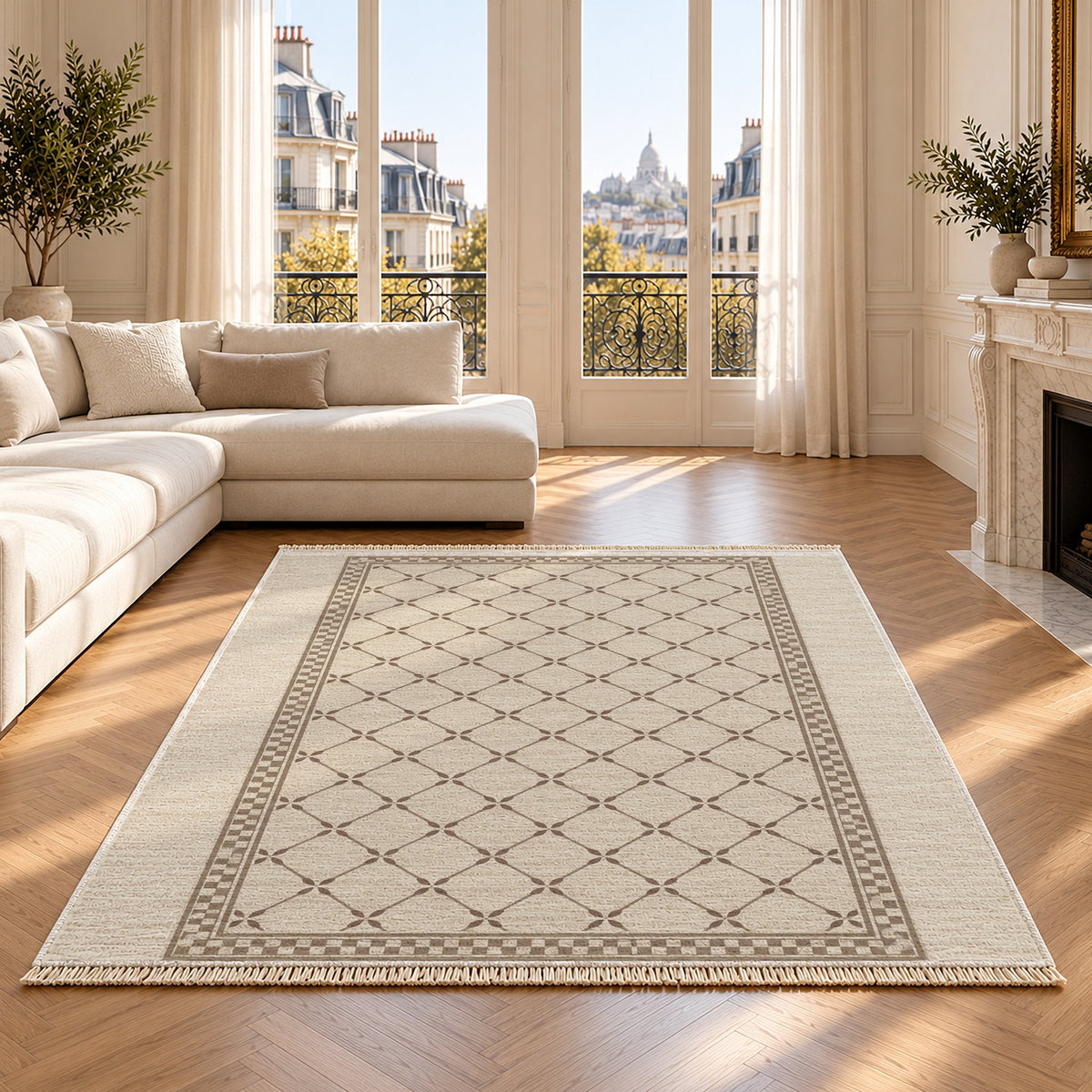 Olive Courtyard Ivory & Taupe washable rug on an oak floor