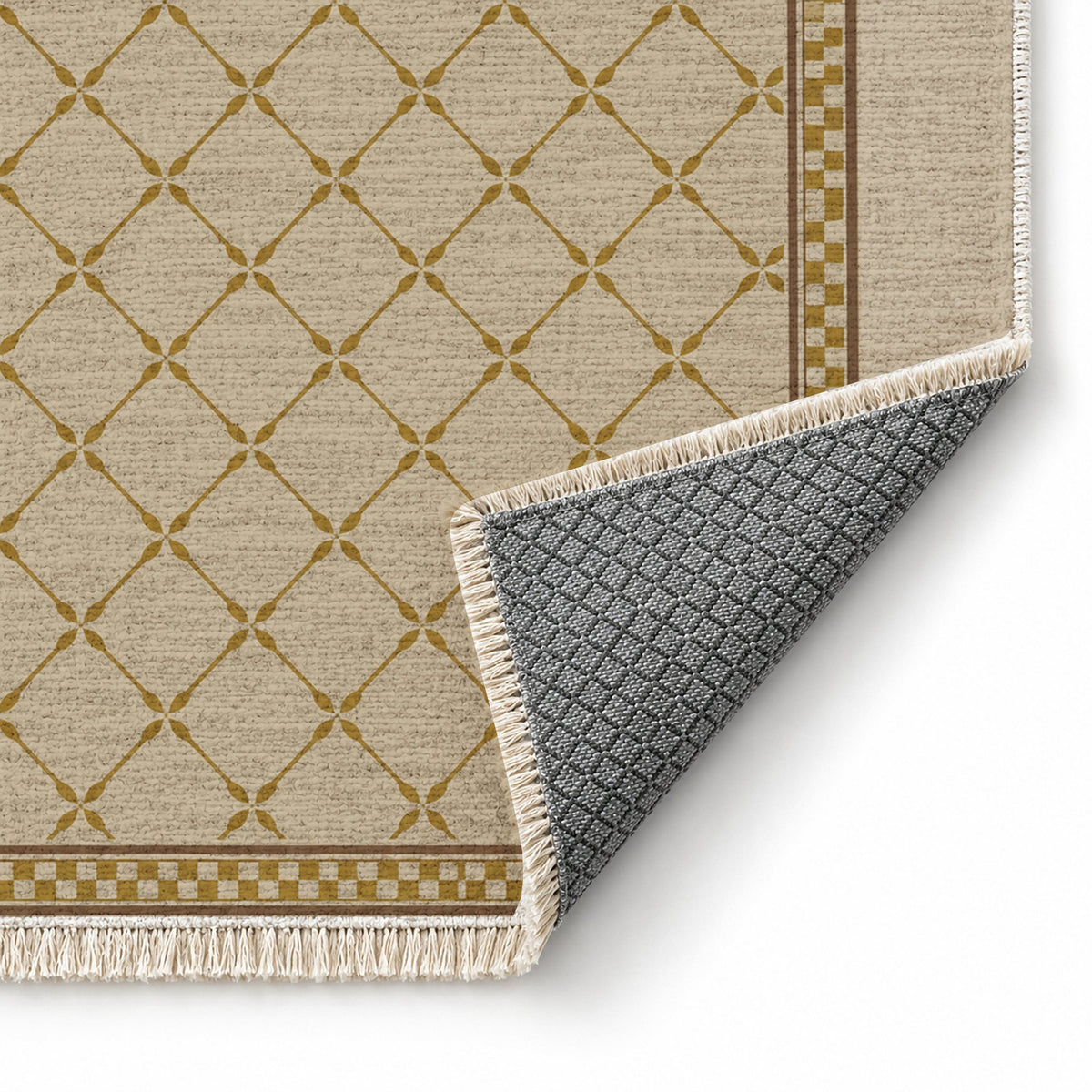 Olive Courtyard Oat & Ochre washable rug folded corner showing the backing