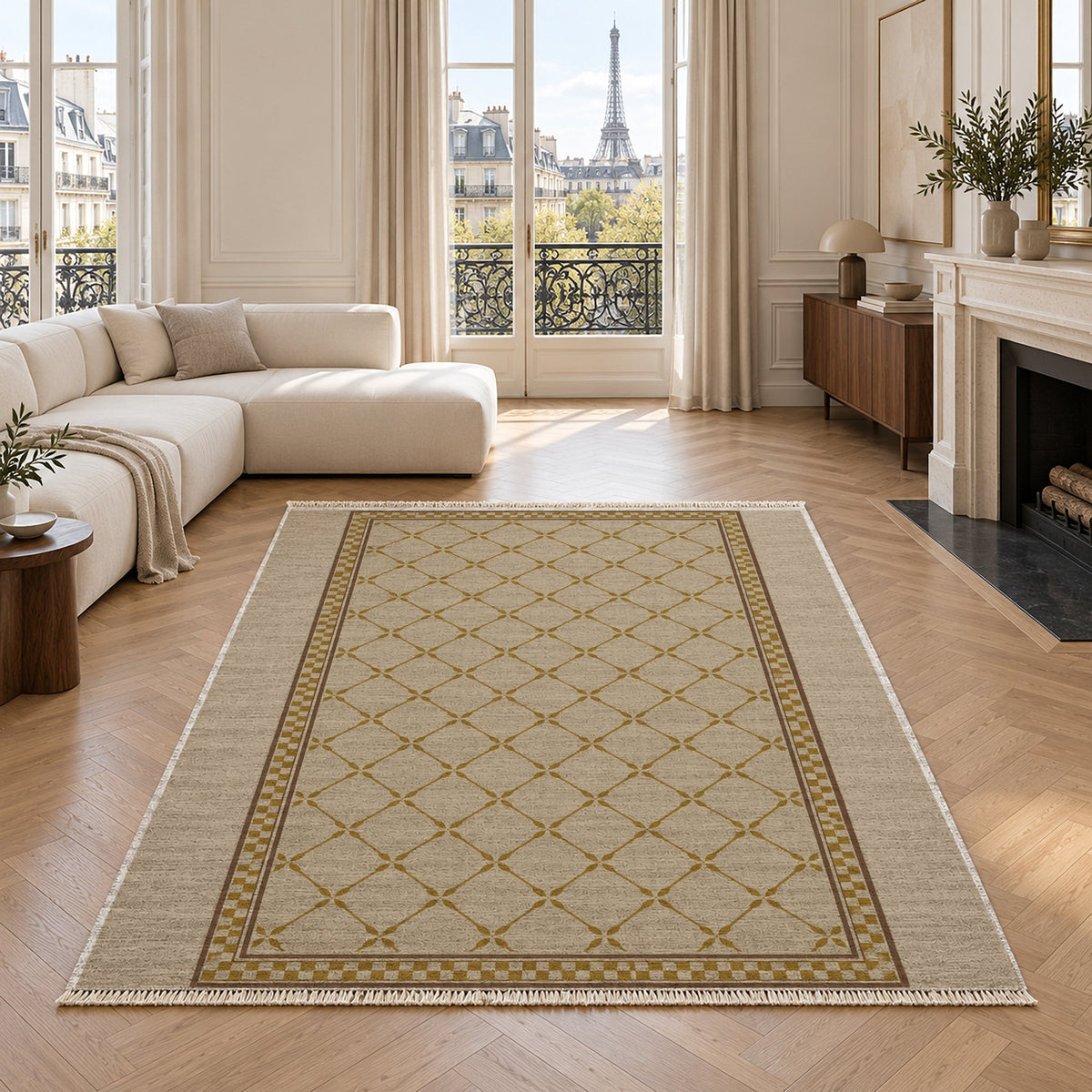 Olive Courtyard Oat & Ochre washable rug in a living room with an Eiffel Tower view