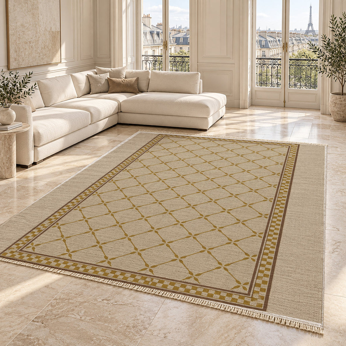 Olive Courtyard Oat & Ochre washable rug angled room view on marble