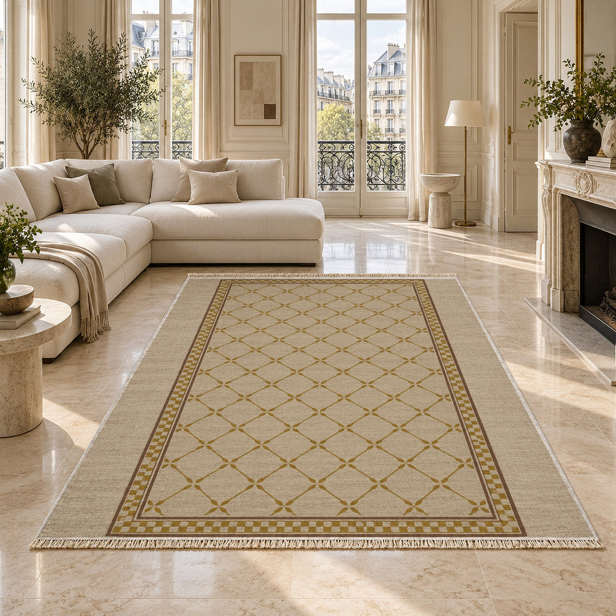 Olive Courtyard Oat & Ochre washable rug on a marble floor