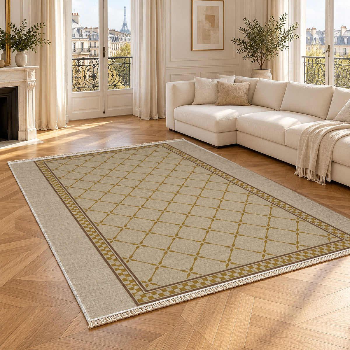 Olive Courtyard Oat & Ochre washable rug angled room view