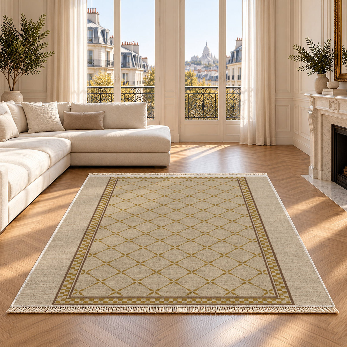 Olive Courtyard Oat & Ochre washable rug on an oak floor
