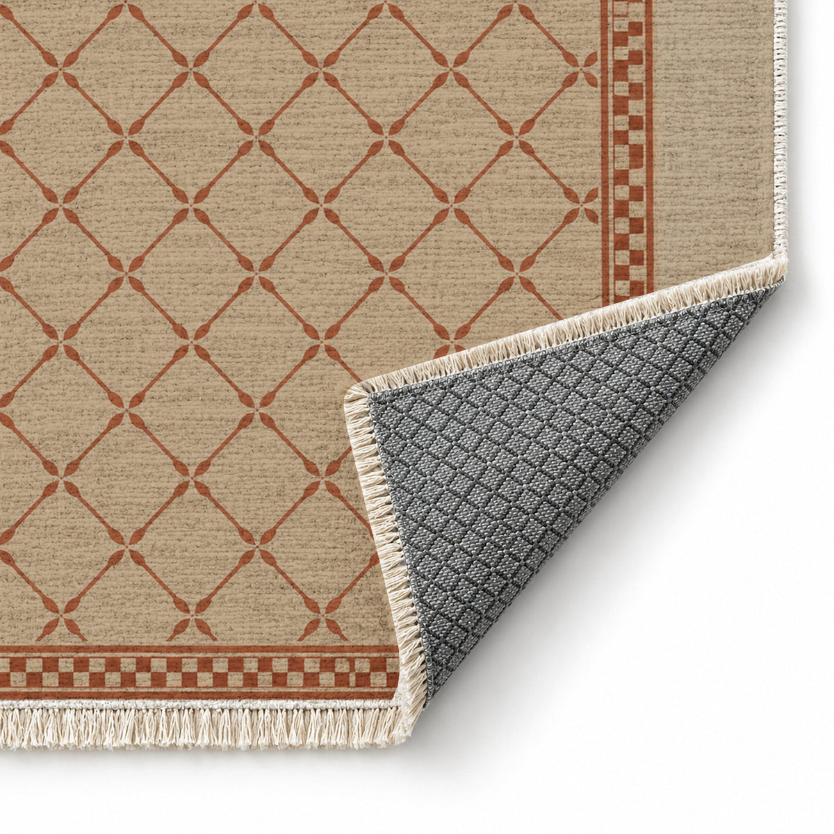 Olive Courtyard Sand & Terracotta washable rug folded corner showing the backing