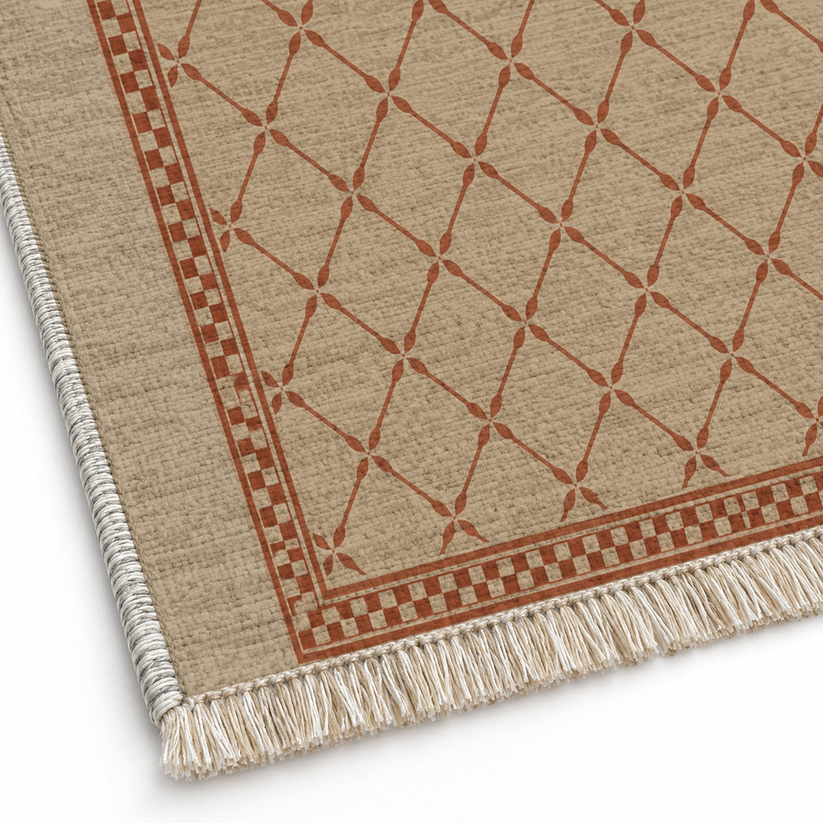 Olive Courtyard Sand & Terracotta washable rug close-up of the printed chenille
