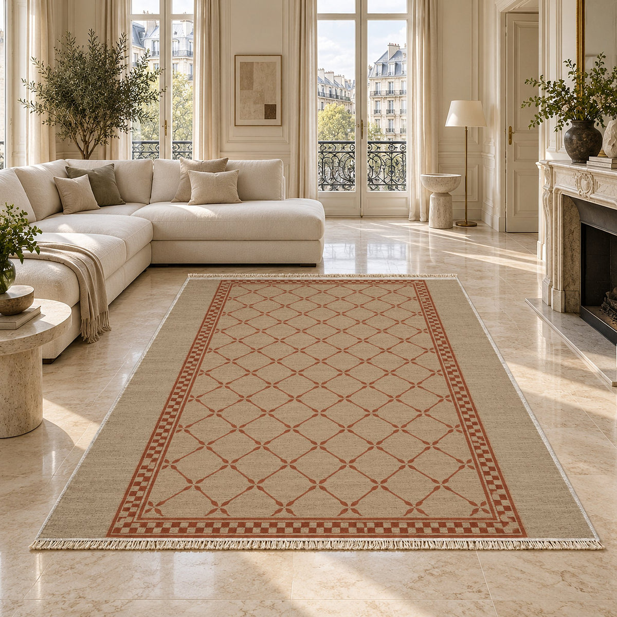 Olive Courtyard Sand & Terracotta washable rug on a marble floor