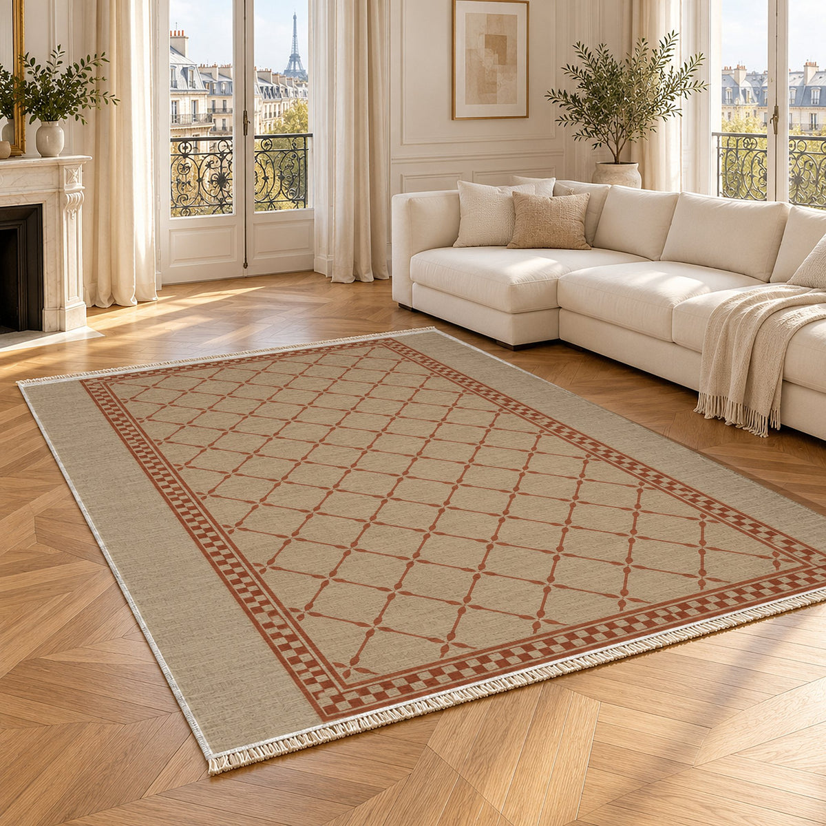 Olive Courtyard Sand & Terracotta washable rug angled room view